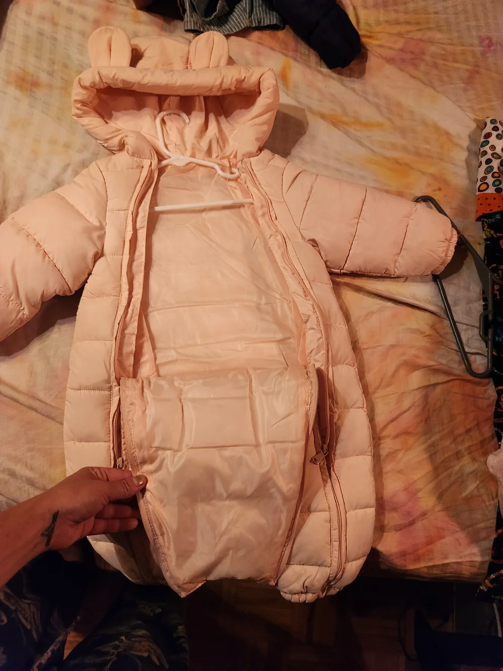 Baby Pink Puffer One-Piece Snowsuit with Bear Detail